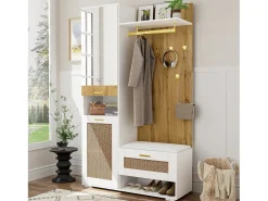 Mueble de entrada multifuncional con espejo, iluminación LED de 16 colores, MDF y tablero de partículas, blanco y madera (110x38x190cm)