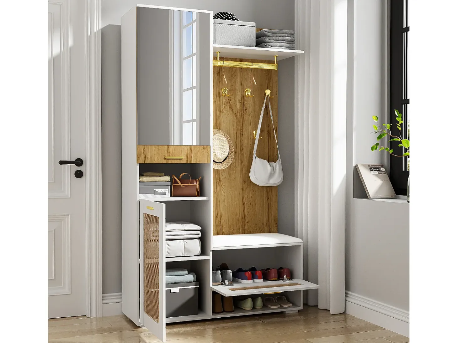 Mueble de entrada multifuncional con espejo, iluminación LED de 16 colores, MDF y tablero de partículas, blanco y madera (110x38x190cm)