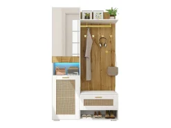 Mueble de entrada multifuncional con espejo, iluminación LED de 16 colores, MDF y tablero de partículas, blanco y madera (110x38x190cm)