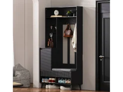 Mueble de entrada multifuncional con banco, perchero, estantes, 4 ganchos, 2 cajones, 1 puerta, negro, (100x35x180 cm)