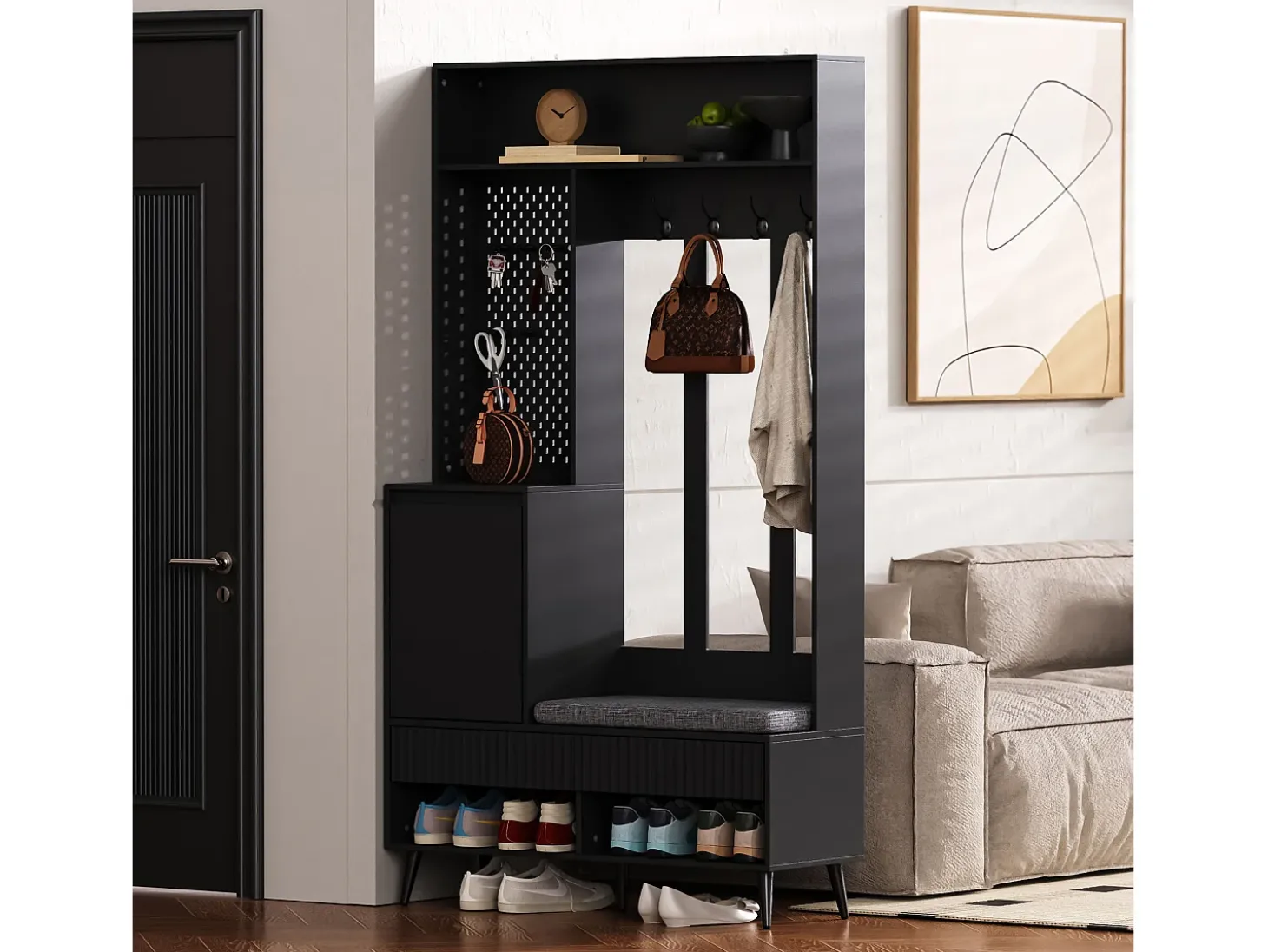 Mueble de entrada multifuncional con banco, perchero, estantes, 4 ganchos, 2 cajones, 1 puerta, negro, (100x35x180 cm)