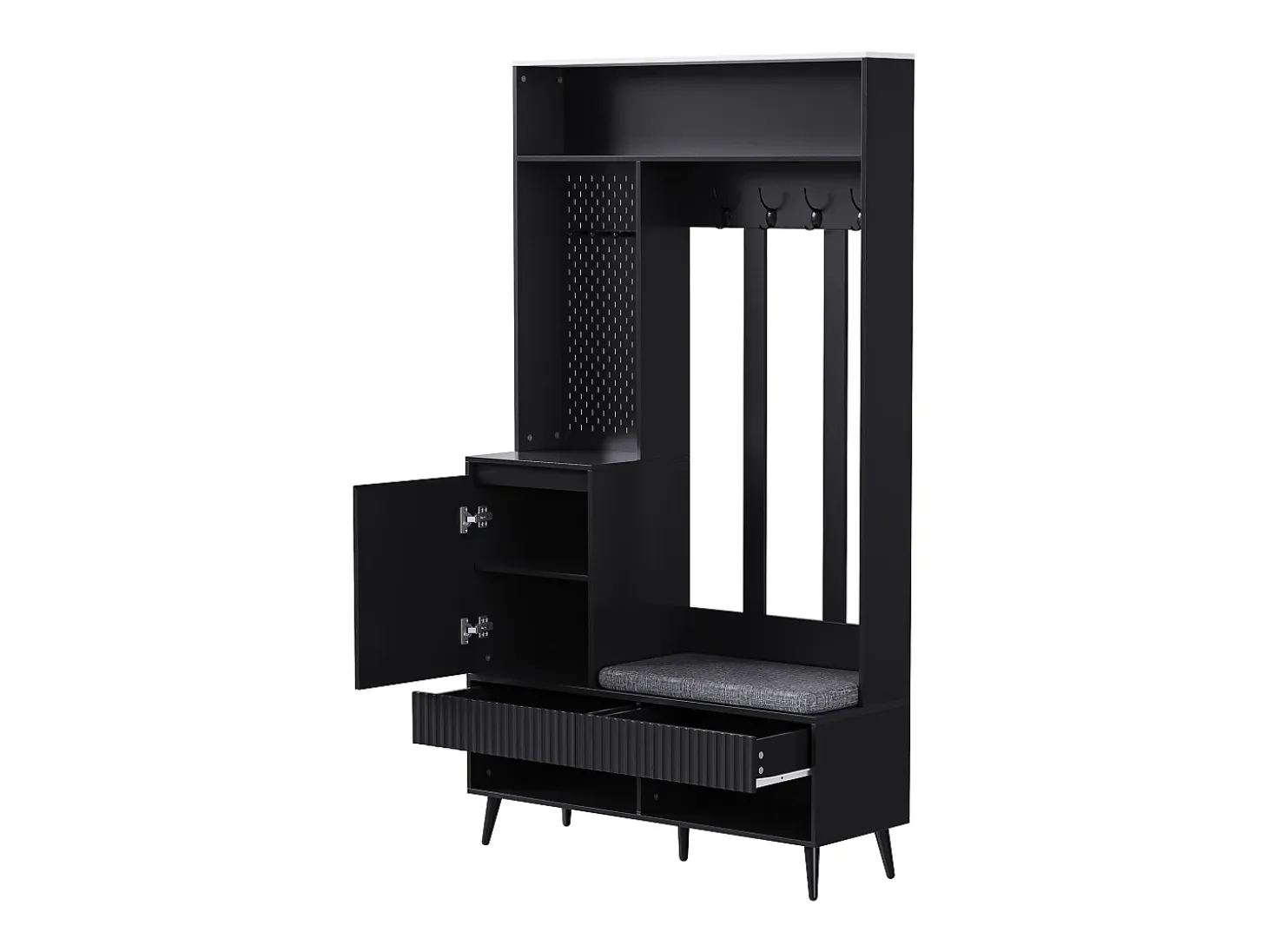 Mueble de entrada multifuncional con banco, perchero, estantes, 4 ganchos, 2 cajones, 1 puerta, negro, (100x35x180 cm)