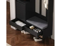Mueble de entrada multifuncional con banco, perchero, estantes, 4 ganchos, 2 cajones, 1 puerta, negro, (100x35x180 cm)