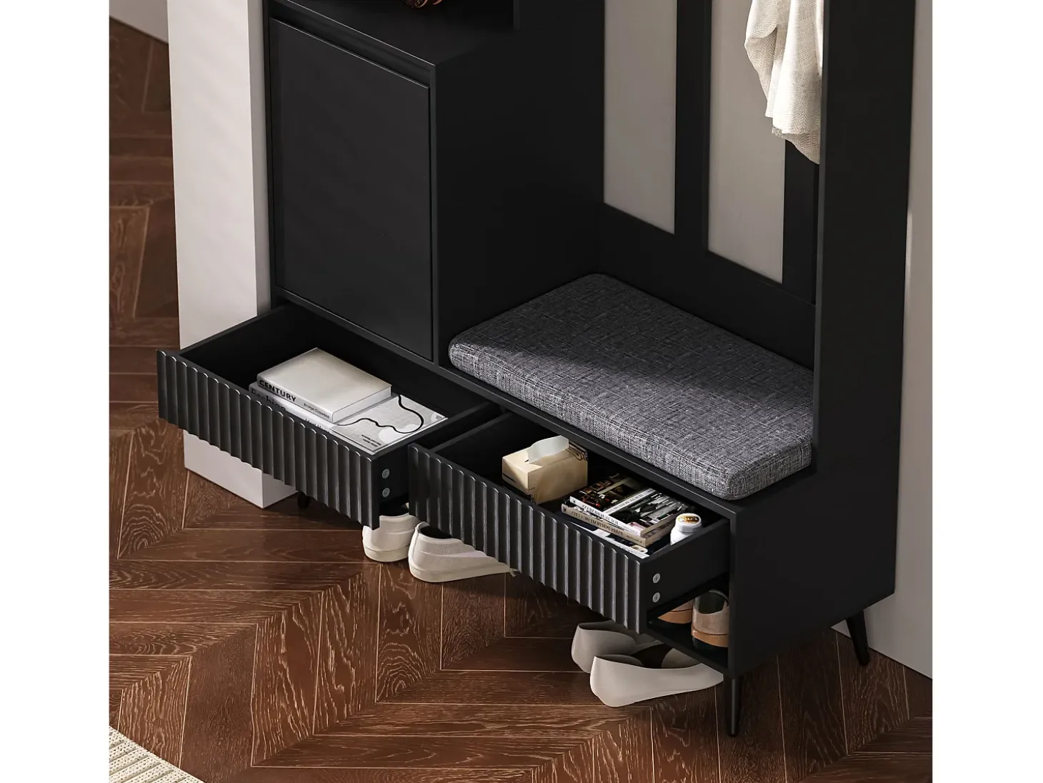 Mueble de entrada multifuncional con banco, perchero, estantes, 4 ganchos, 2 cajones, 1 puerta, negro, (100x35x180 cm)
