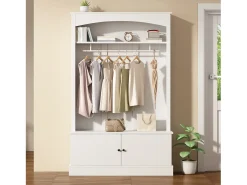 Mueble de entrada multifunción blanco con banco, tablero de partículas y almacenaje regulable (120x40x190cm)