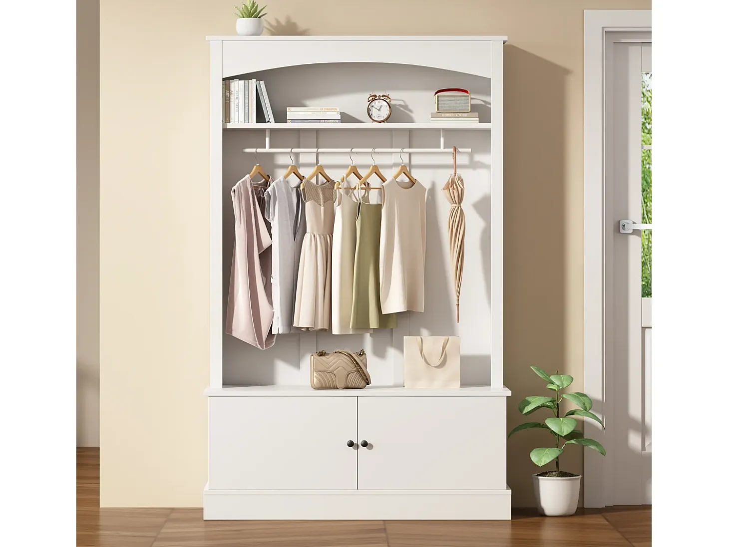 Mueble de entrada multifunción blanco con banco, tablero de partículas y almacenaje regulable (120x40x190cm)