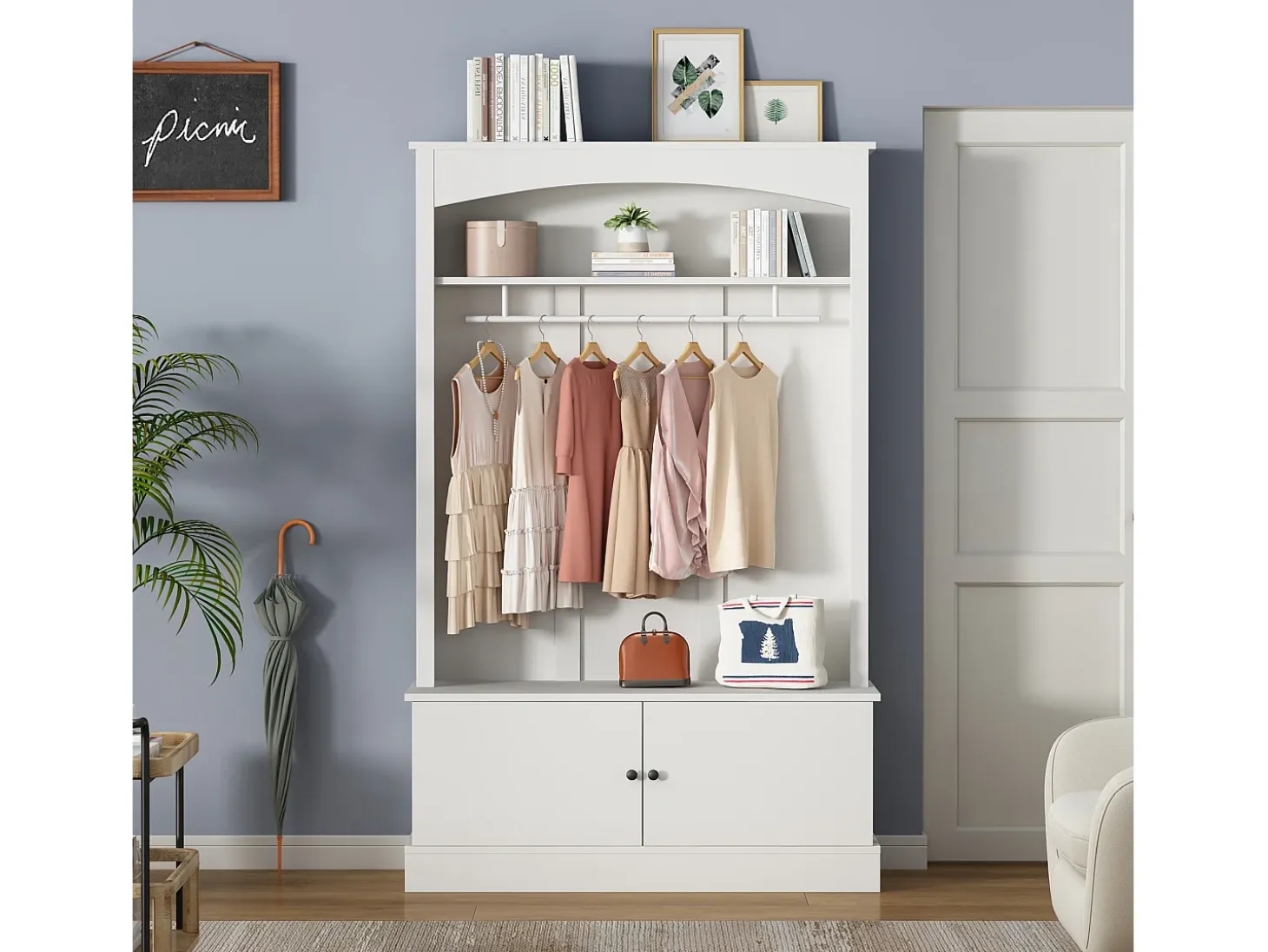Mueble de entrada multifunción blanco con banco, tablero de partículas y almacenaje regulable (120x40x190cm)