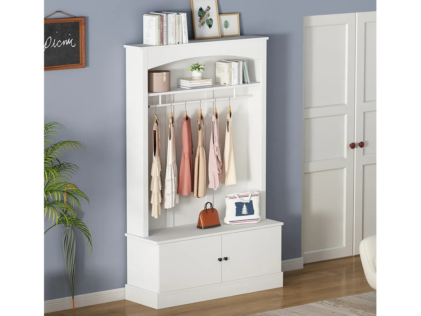 Mueble de entrada multifunción blanco con banco, tablero de partículas y almacenaje regulable (120x40x190cm)