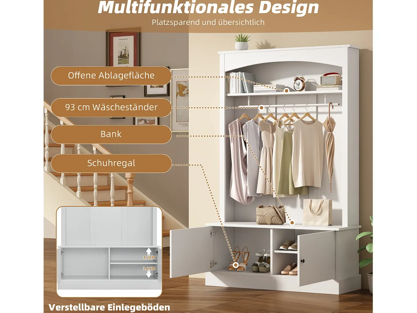 Mueble de entrada multifunción blanco con banco, tablero de partículas y almacenaje regulable (120x40x190cm)