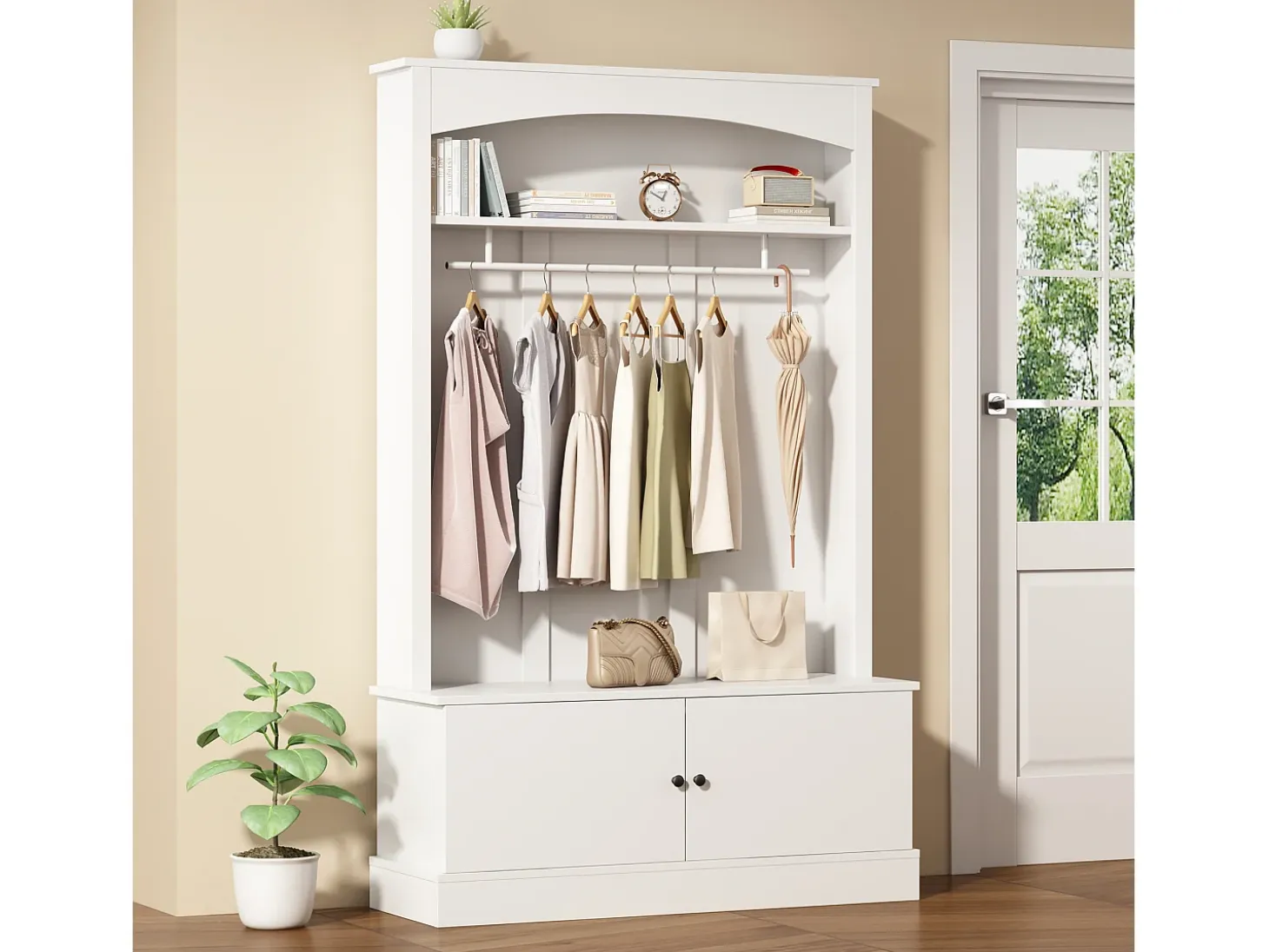 Mueble de entrada multifunción blanco con banco, tablero de partículas y almacenaje regulable (120x40x190cm)