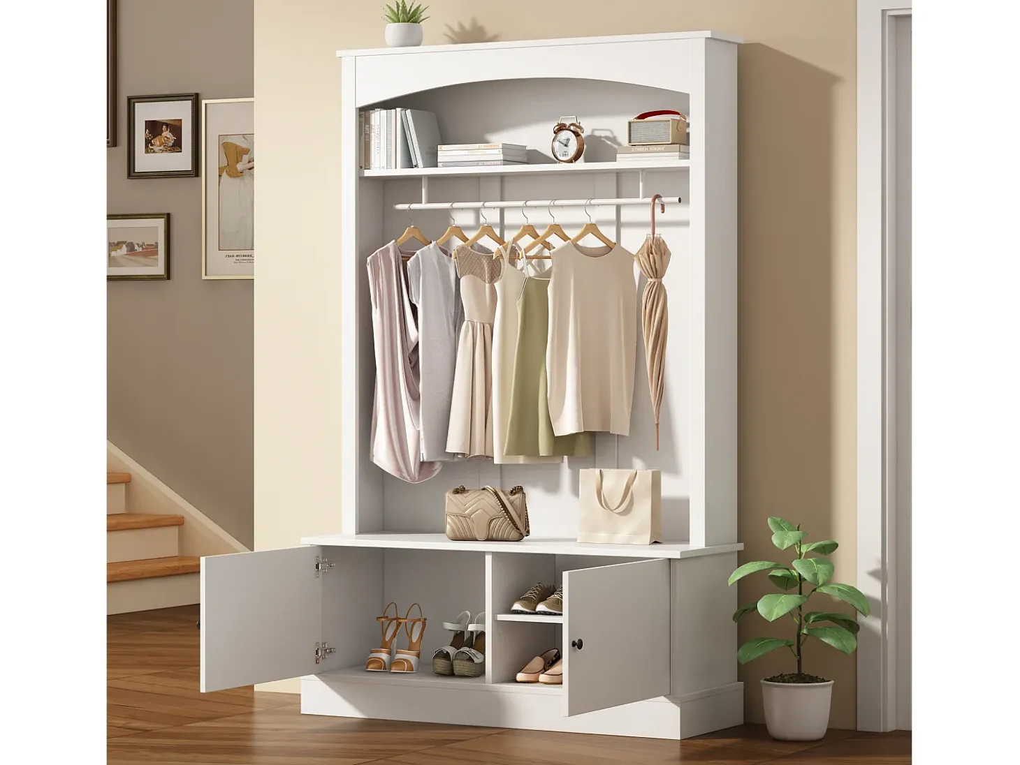 Mueble de entrada multifunción blanco con banco, tablero de partículas y almacenaje regulable (120x40x190cm)