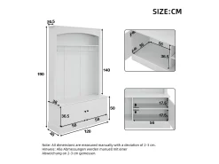 Mueble de entrada multifunción blanco con banco, tablero de partículas y almacenaje regulable (120x40x190cm)