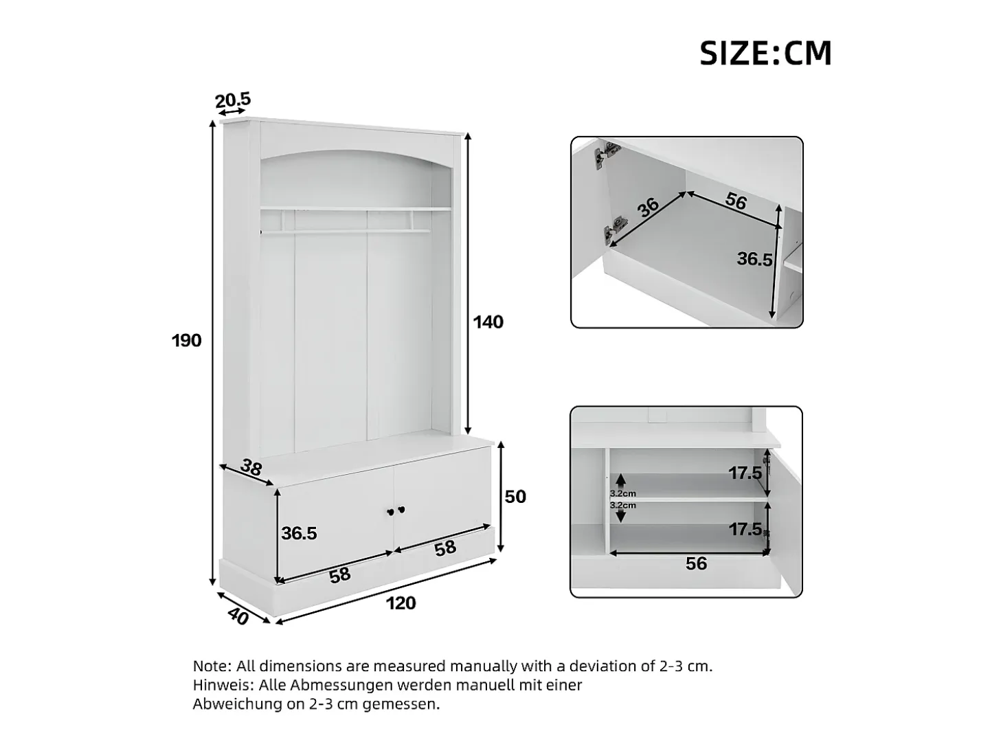 Mueble de entrada multifunción blanco con banco, tablero de partículas y almacenaje regulable (120x40x190cm)