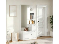 Mueble de entrada/recibidor - 85 x 40 x 180 cm - con espejo + zapatero + 2 puertas + 5 estantes - aglomerado - blanco