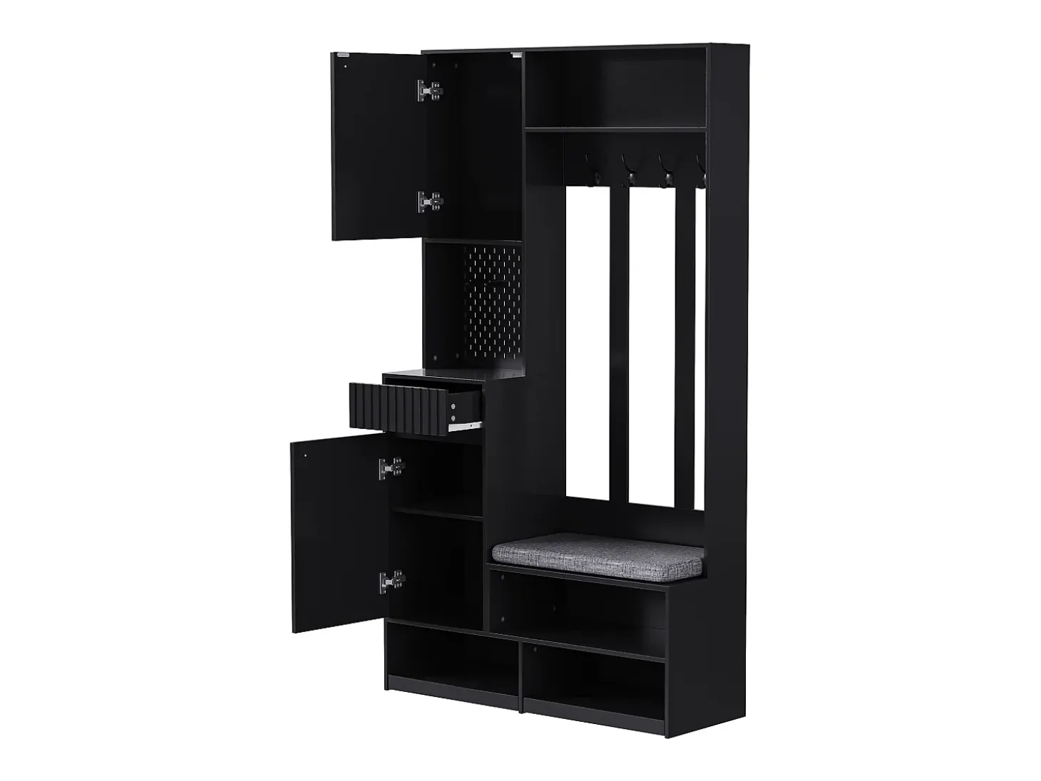 Mueble de recibidor con banco, perchero, estantes y cajones, 4 ganchos, 1 puerta, blanco, (100x35x180 cm)