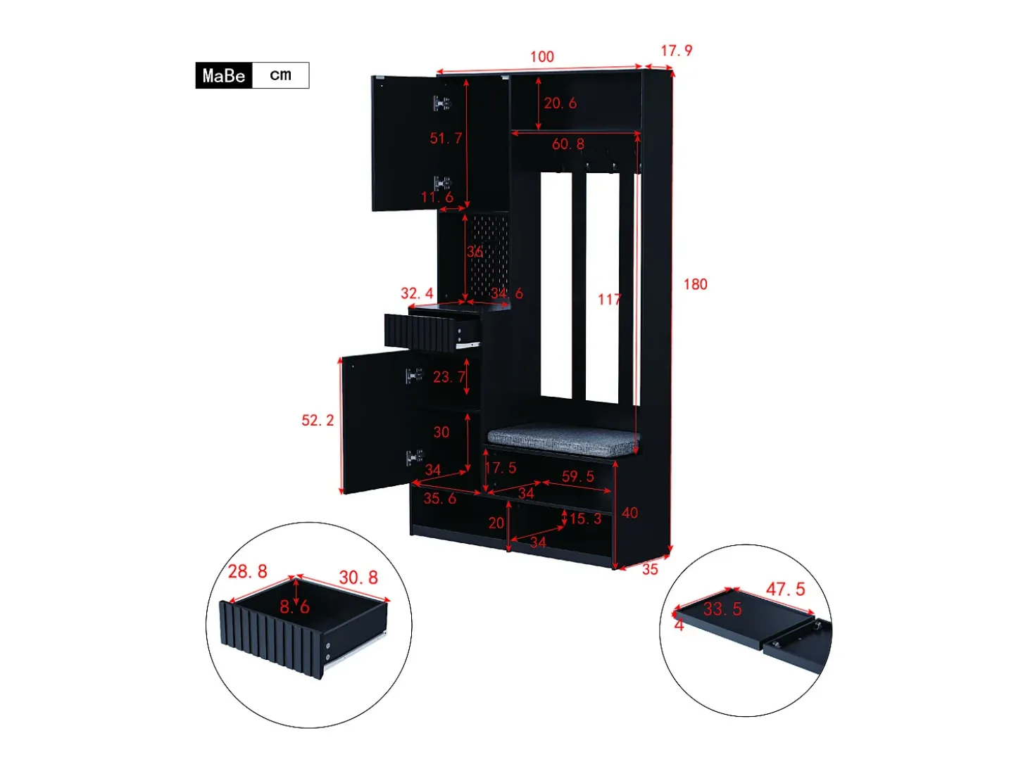 Mueble de recibidor con banco, perchero, estantes y cajones, 4 ganchos, 1 puerta, blanco, (100x35x180 cm)