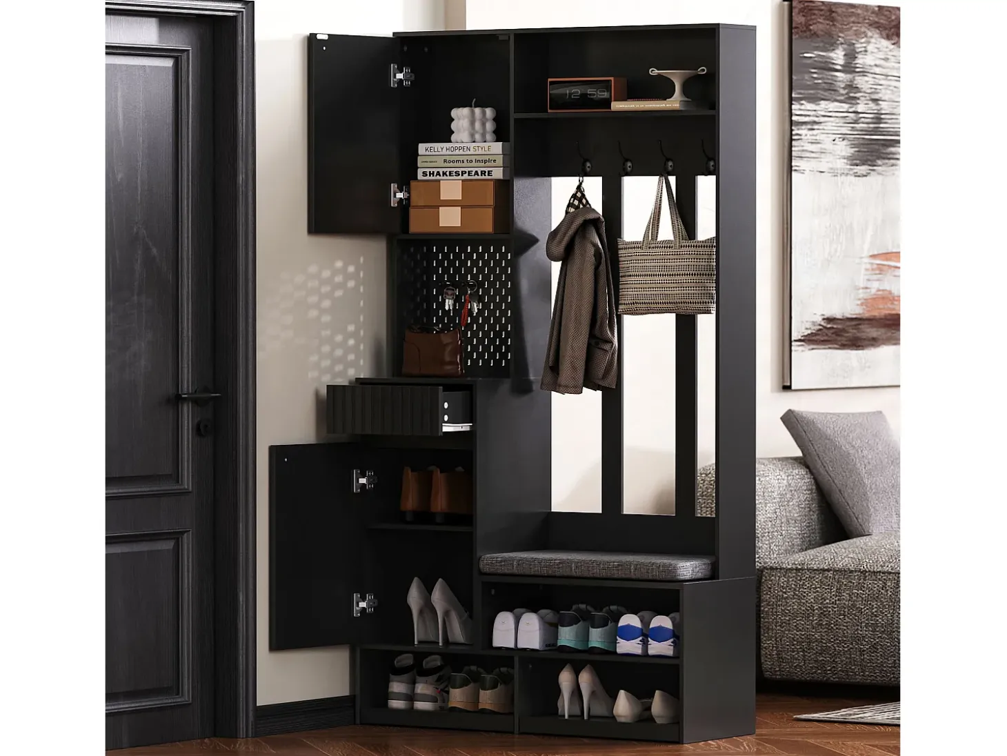 Mueble de recibidor con banco, perchero, estantes y cajones, 4 ganchos, 1 puerta, blanco, (100x35x180 cm)