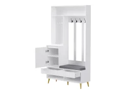 Mueble de recibidor con banco, perchero, estantes y cajones, 4 ganchos, 1 puerta, blanco, (100x35x180 cm)