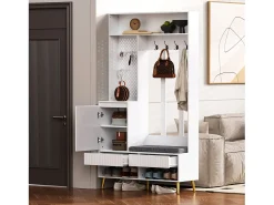 Mueble de recibidor con banco, perchero, estantes y cajones, 4 ganchos, 1 puerta, blanco, (100x35x180 cm)