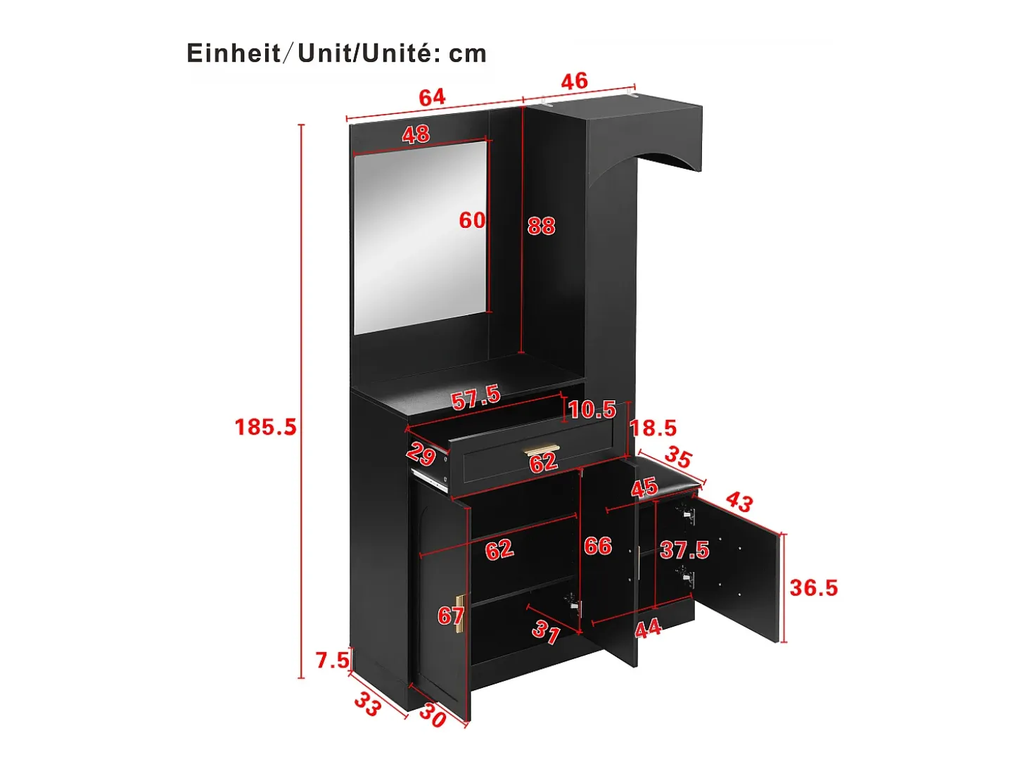 Mueble de recibidor con espejo, zapatero y banco - 110x33x185,5 cm - Negro