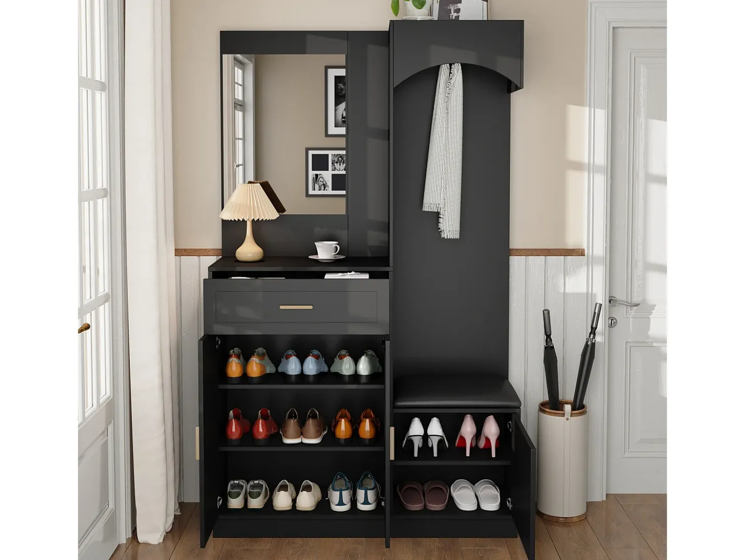 Mueble de recibidor con espejo, zapatero y banco - 110x33x185,5 cm - Negro