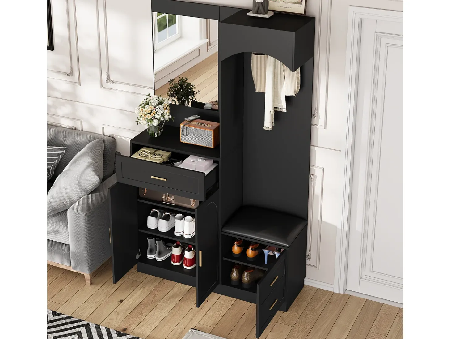 Mueble de recibidor con espejo, zapatero y banco - 110x33x185,5 cm - Negro
