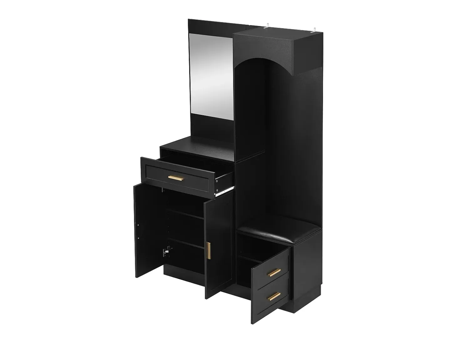 Mueble de recibidor con espejo, zapatero y banco - 110x33x185,5 cm - Negro