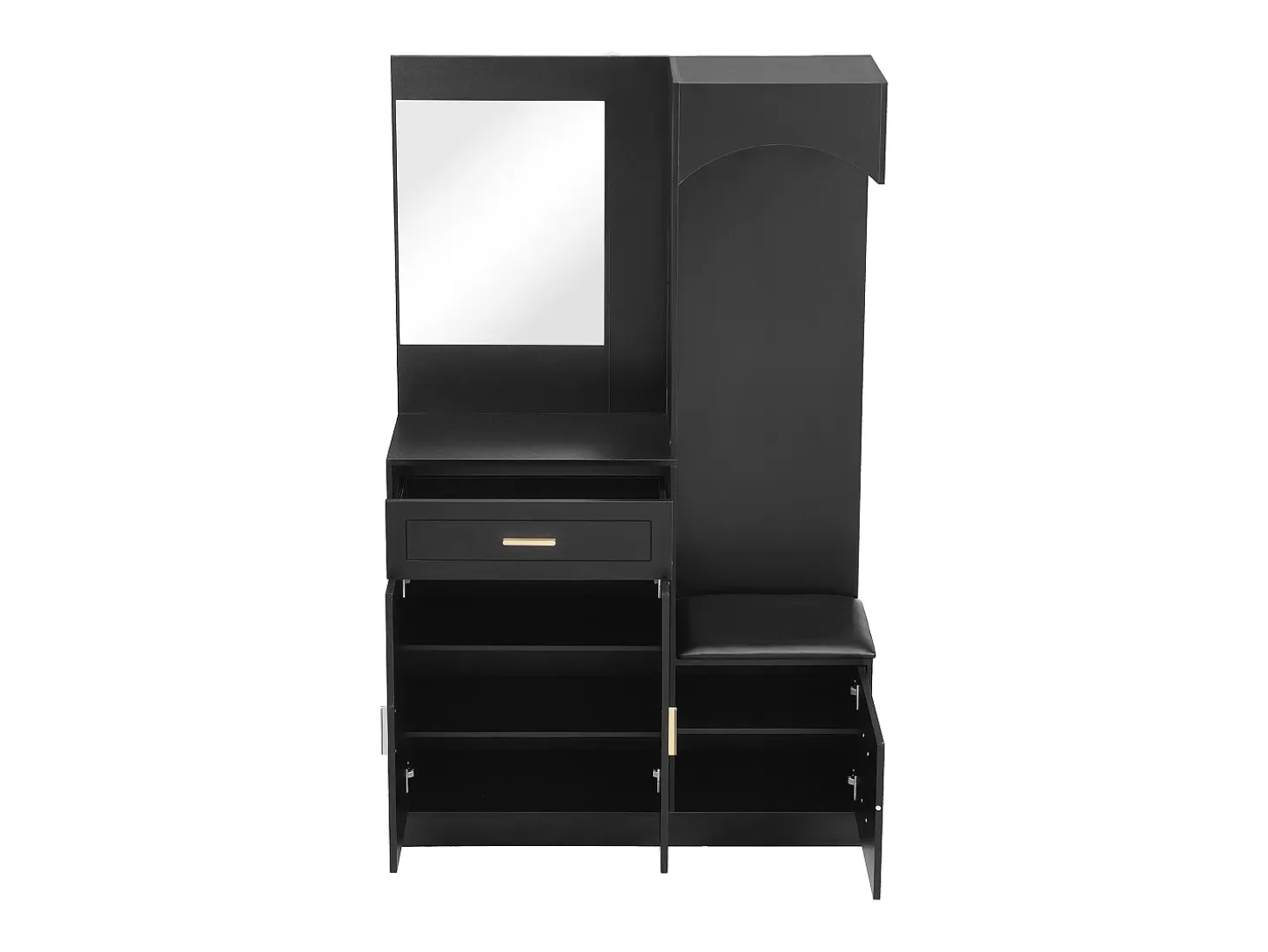 Mueble de recibidor con espejo, zapatero y banco - 110x33x185,5 cm - Negro