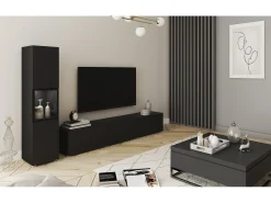 Mueble de salón con iluminación, conjunto suspendido y de pie de 2 elementos con mueble de TV de 180 cm y vitrina, cuerpo negro mate