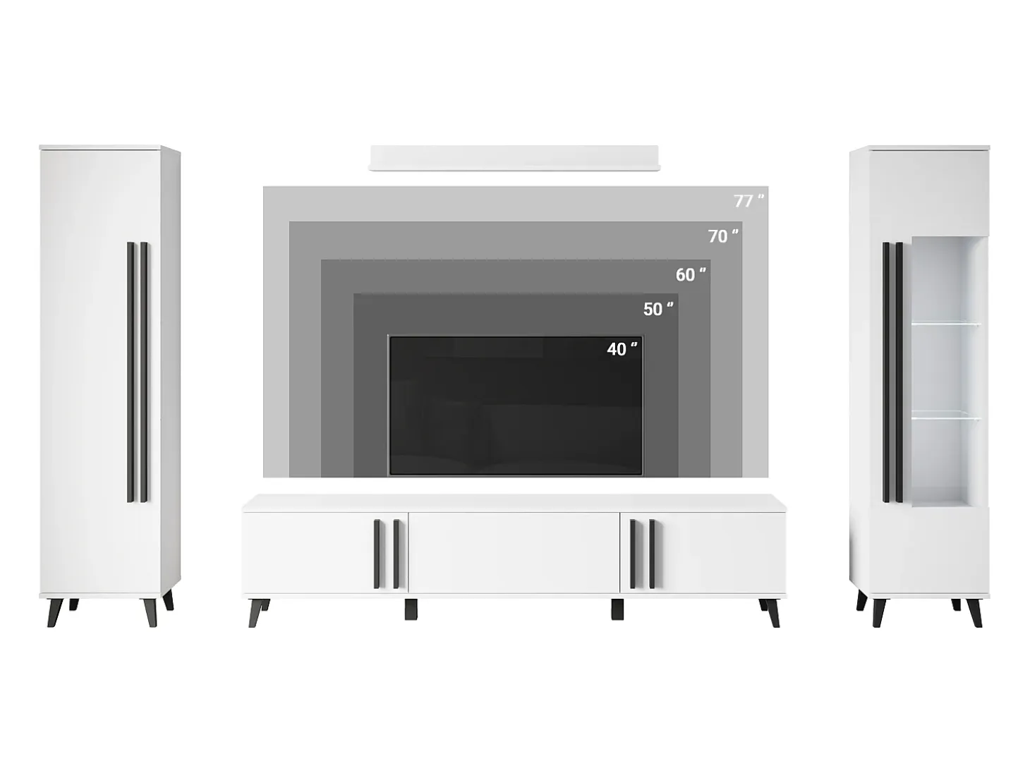 Mueble de salón con patas – conjunto de TV 180 cm, vitrina, estantería y librería, negro mate