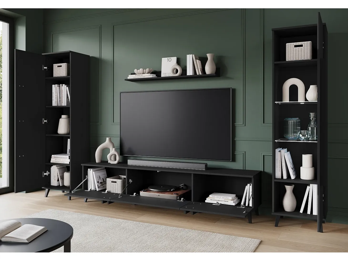 Mueble de salón con patas – conjunto de TV 180 cm, vitrina, estantería y librería, negro mate