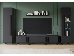 Mueble de salón con patas – conjunto de TV 180 cm, vitrina, estantería y librería, negro mate