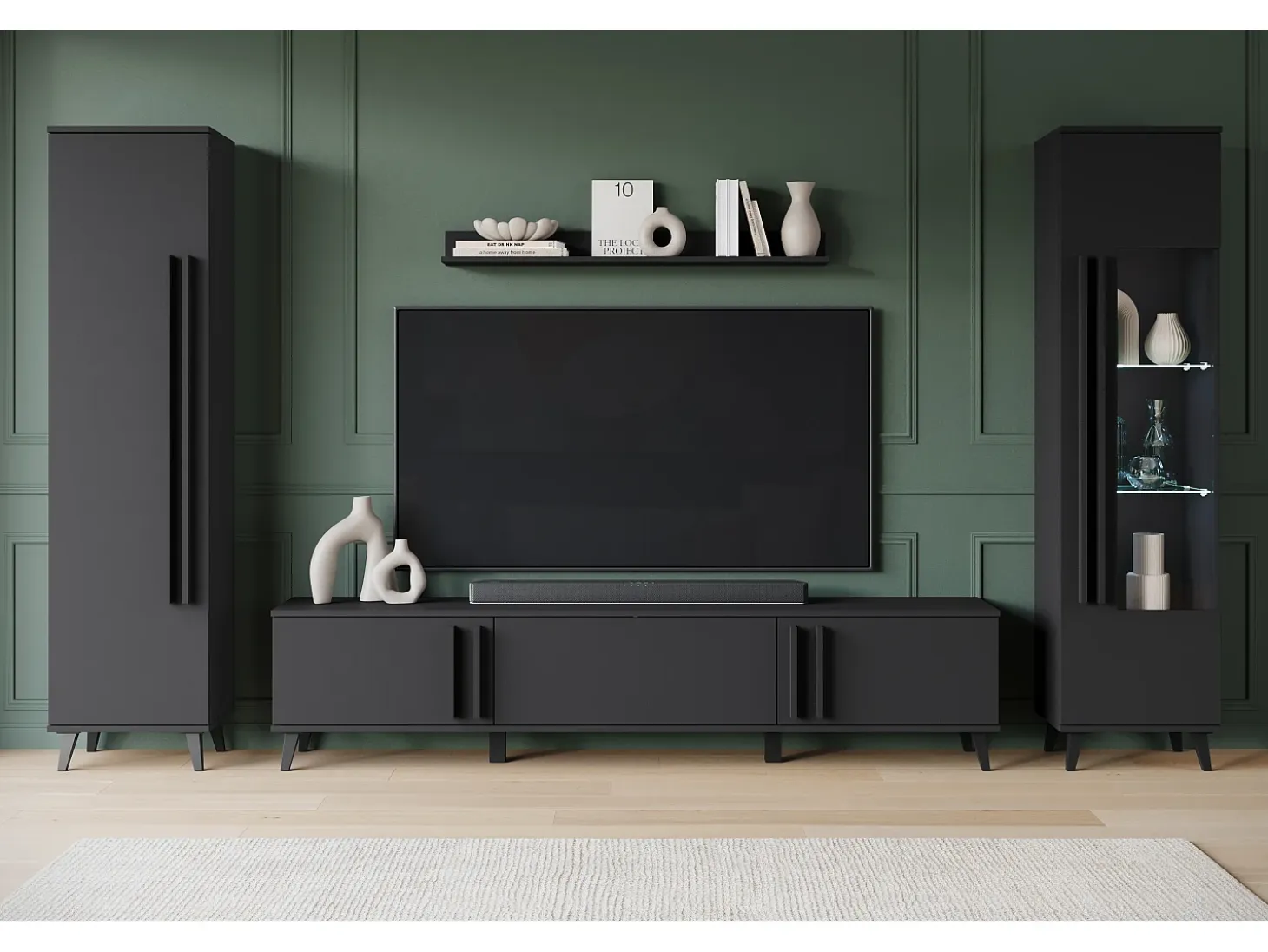 Mueble de salón con patas – conjunto de TV 180 cm, vitrina, estantería y librería, negro mate
