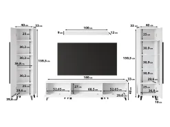 Mueble de salón con patas – conjunto de TV 180 cm, vitrina, estantería y librería, negro mate