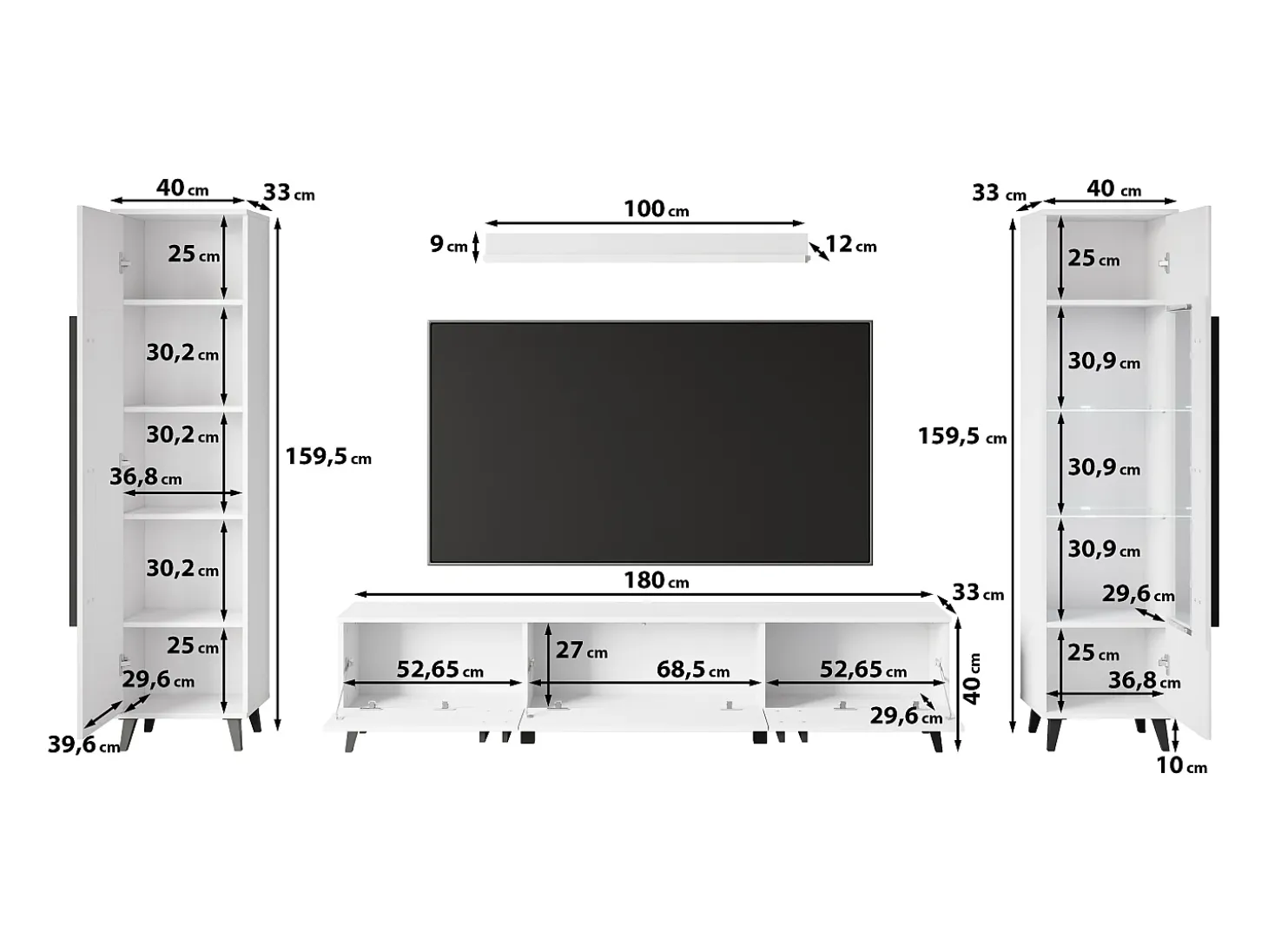 Mueble de salón con patas – conjunto de TV 180 cm, vitrina, estantería y librería, negro mate