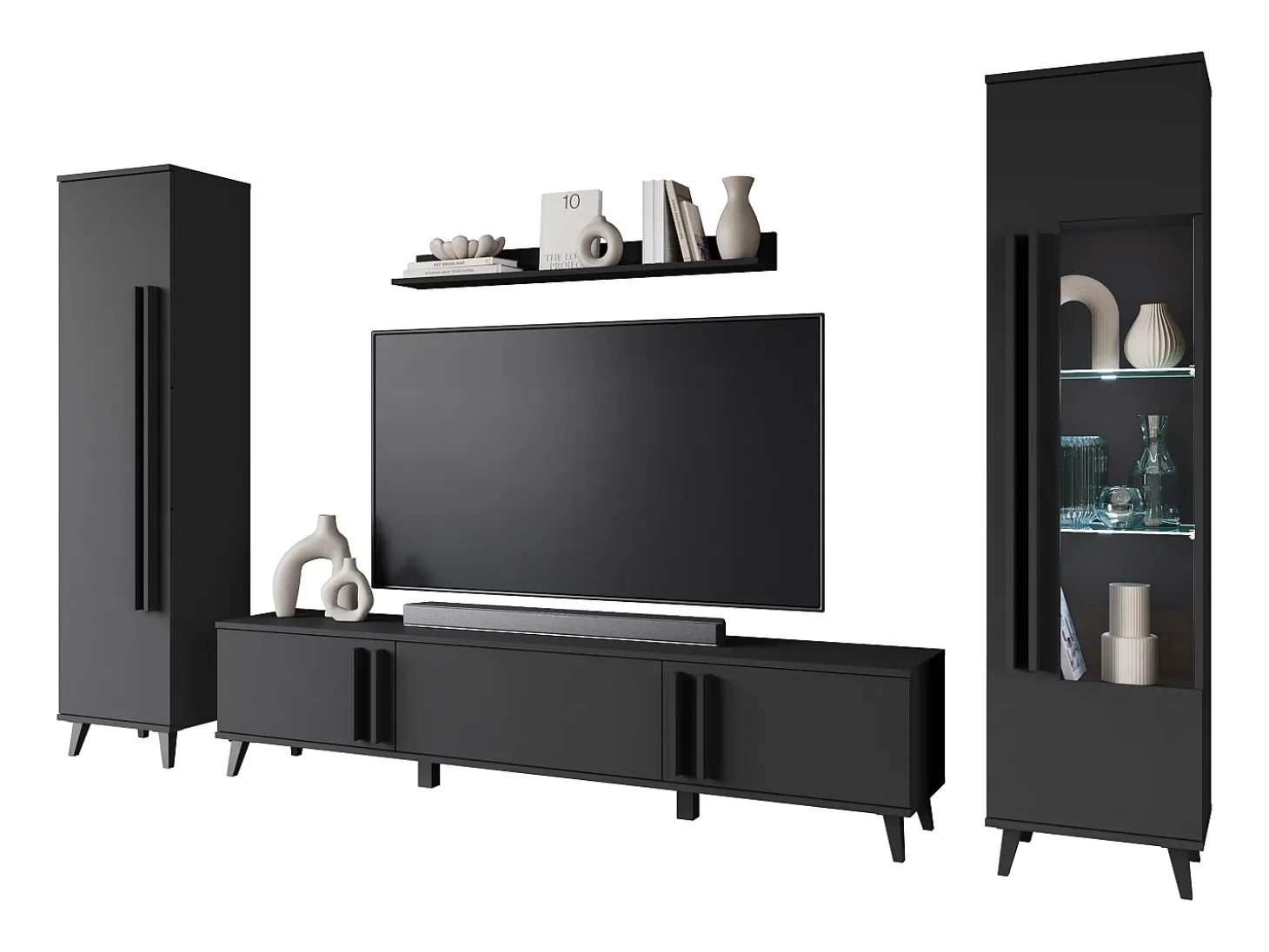 Mueble de salón con patas – conjunto de TV 180 cm, vitrina, estantería y librería, negro mate