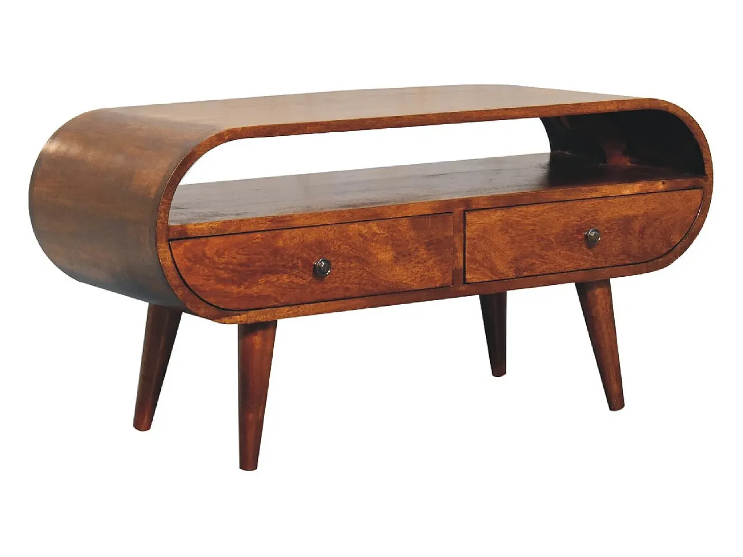 Mueble de televisión circular Artisan Furniture de castaño, 2 cajones, 1 estante abierto, marrón