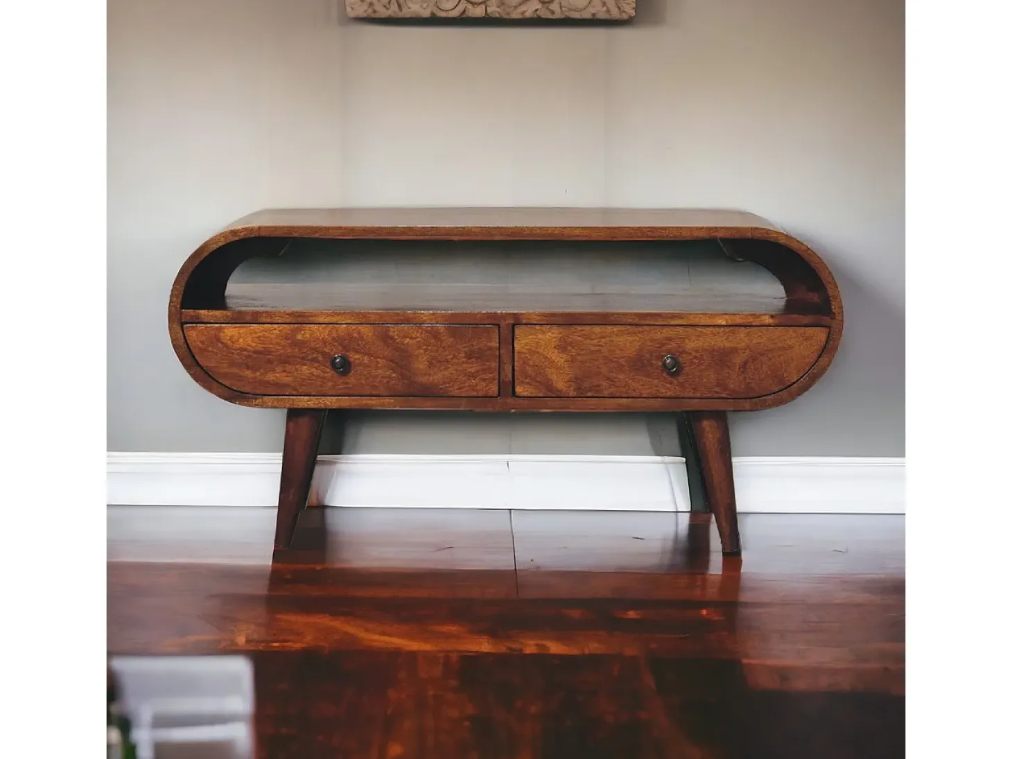 Mueble de televisión circular Artisan Furniture de castaño, 2 cajones, 1 estante abierto, marrón