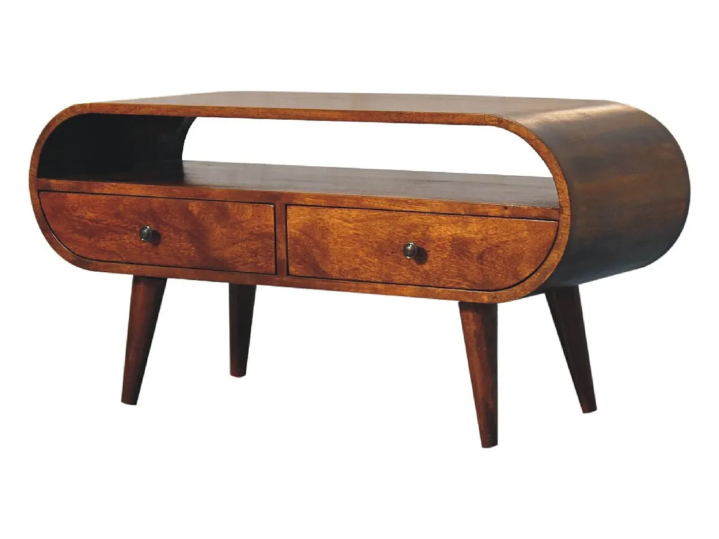 Mueble de televisión circular Artisan Furniture de castaño, 2 cajones, 1 estante abierto, marrón