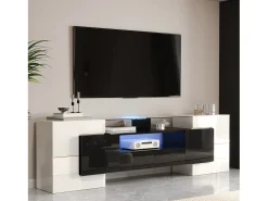 Mueble de TV - 200 x 35 x 60 cm - con LED + superficie de cristal - aglomerado - blanco