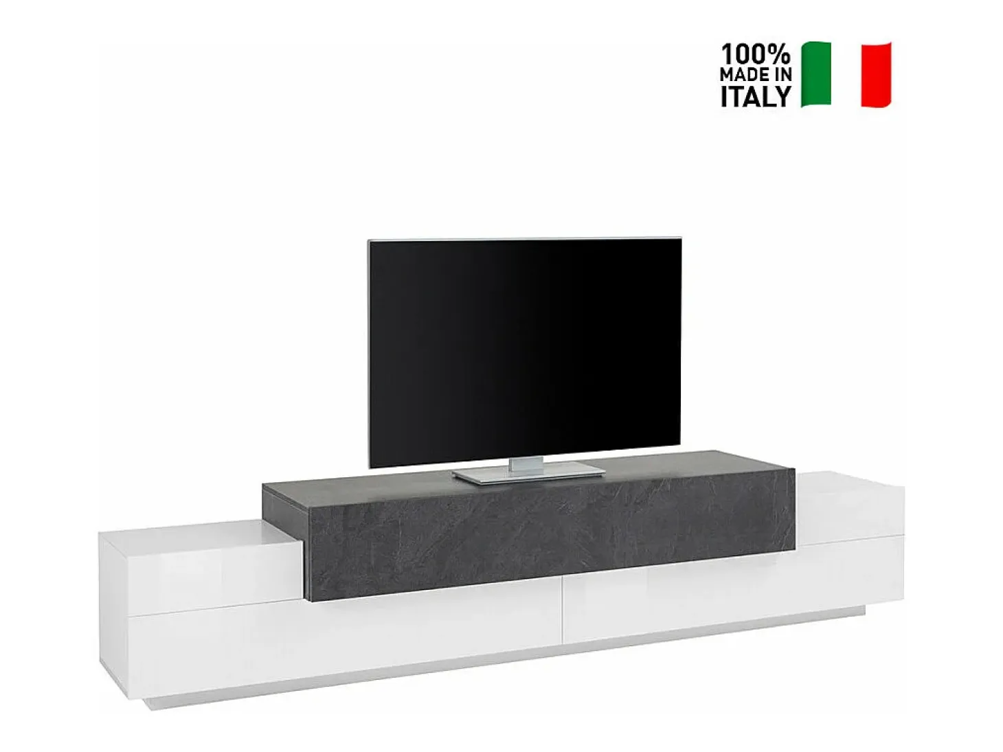 Mueble de TV 240 cm diseño 4 compartimentos 3 puertas blanco y pizarra Corona Low Ardesia