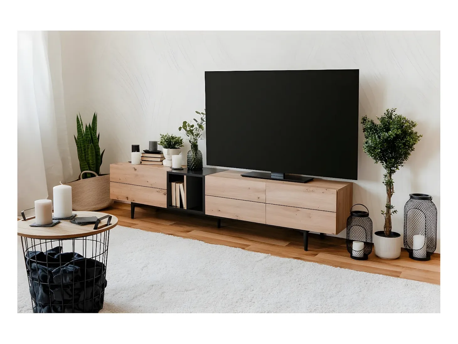 Mueble de TV 3 puertas y 2 baldas 195cm - Acabado madera clara y negro