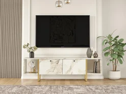 Mueble de TV 2 puertas y 2 estantes - Efecto mármol blanco y dorado - DERANA