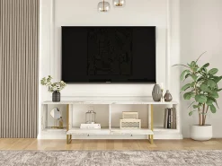 Mueble de TV 2 puertas y 2 estantes - Efecto mármol blanco y dorado - DERANA