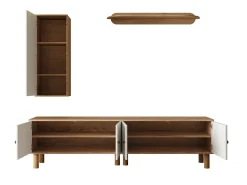Mueble de TV, almacenaje y estantes de pared para salón, con 5 puertas, blanco y natural