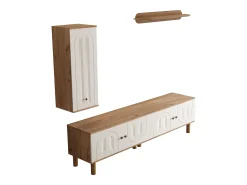 Mueble de TV, almacenaje y estantes de pared para salón, con 5 puertas, blanco y natural