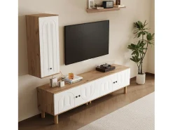Mueble de TV, almacenaje y estantes de pared para salón, con 5 puertas, blanco y natural