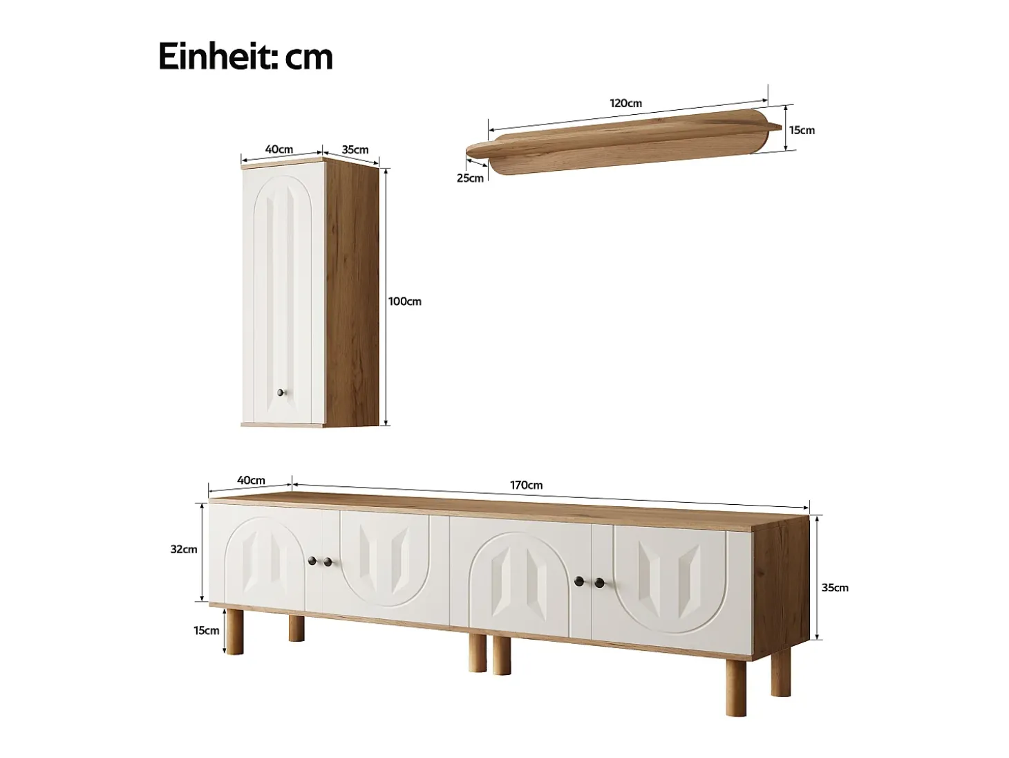 Mueble de TV, almacenaje y estantes de pared para salón, con 5 puertas, blanco y natural