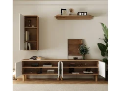 Mueble de TV, almacenaje y estantes de pared para salón, con 5 puertas, blanco y natural