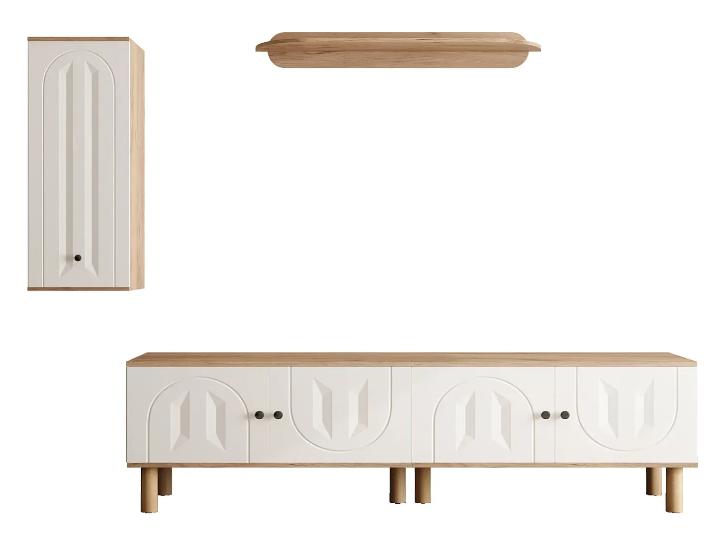 Mueble de TV, almacenaje y estantes de pared para salón, con 5 puertas, blanco y natural